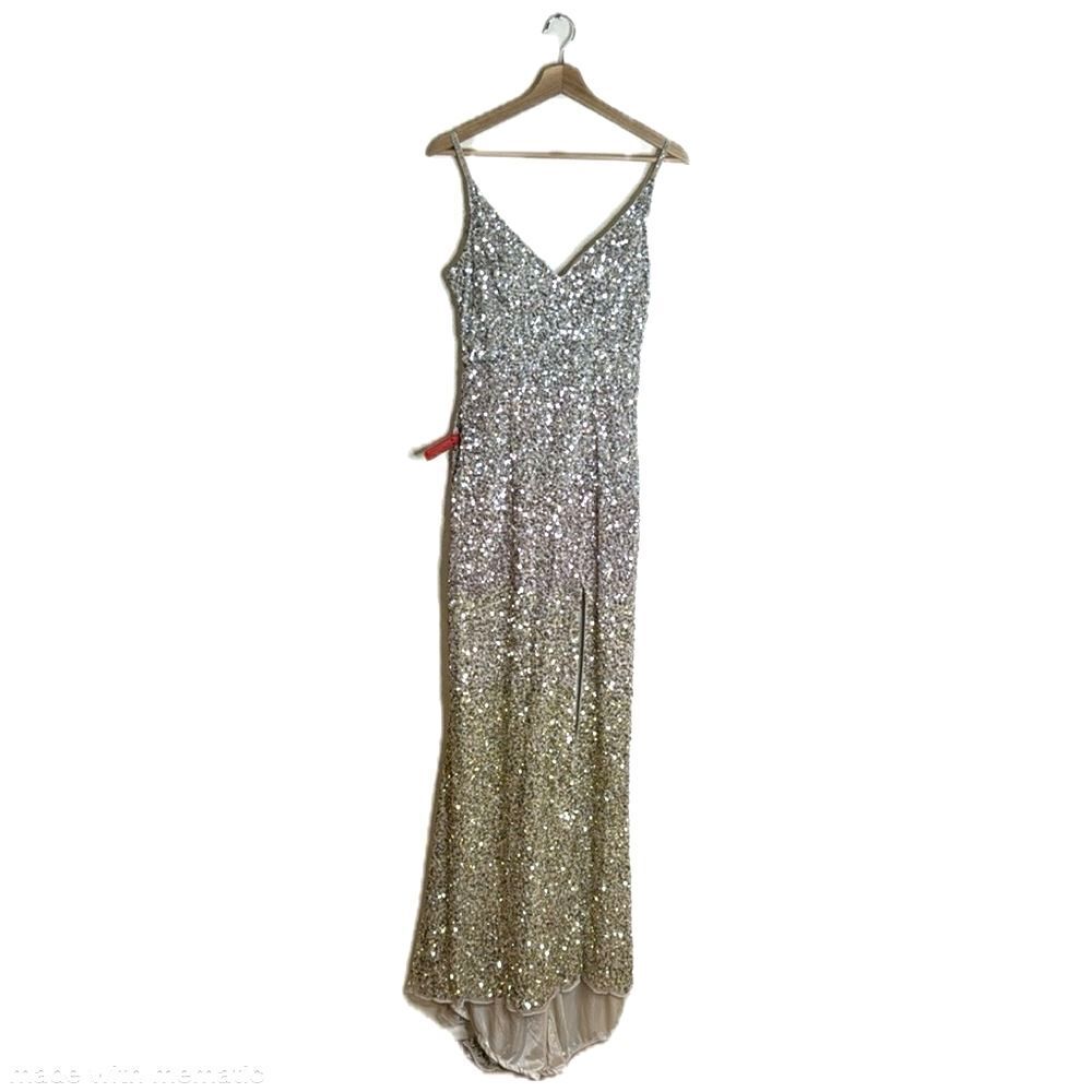 Mac Duggal embellished sequins ombré color long gown with slit style 5064 size 6
